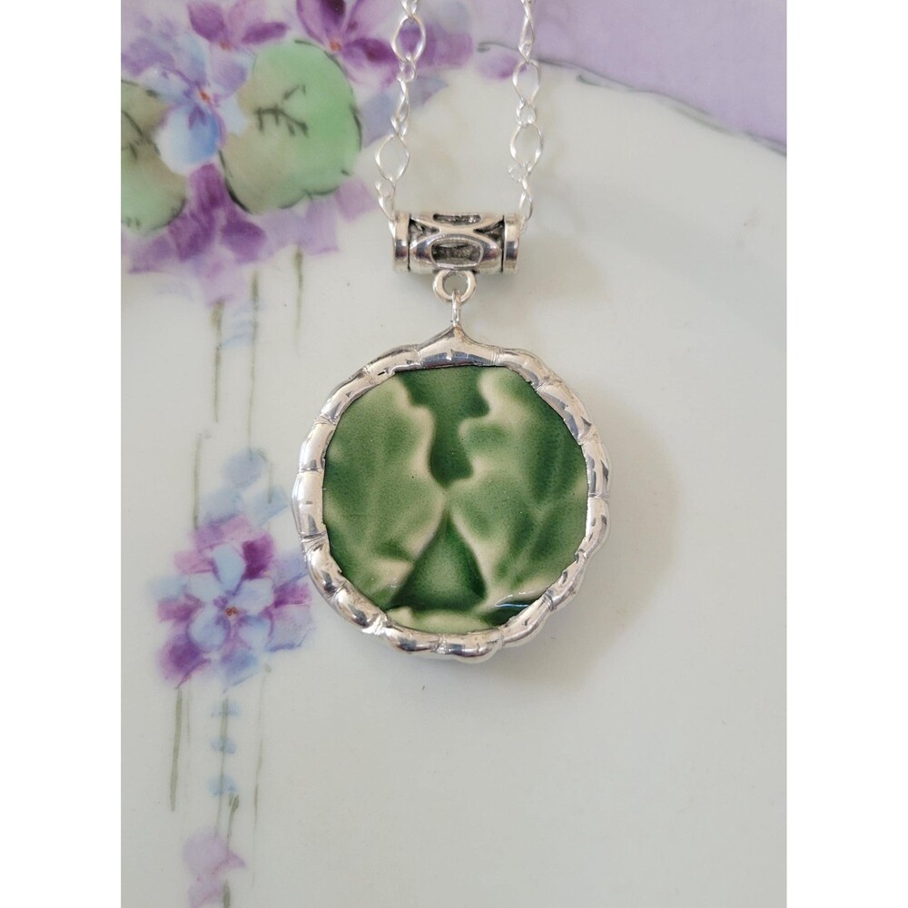 Portuguese Pottery Necklace Repurposed Bordallo Pinheiro Green Leaf Pendant